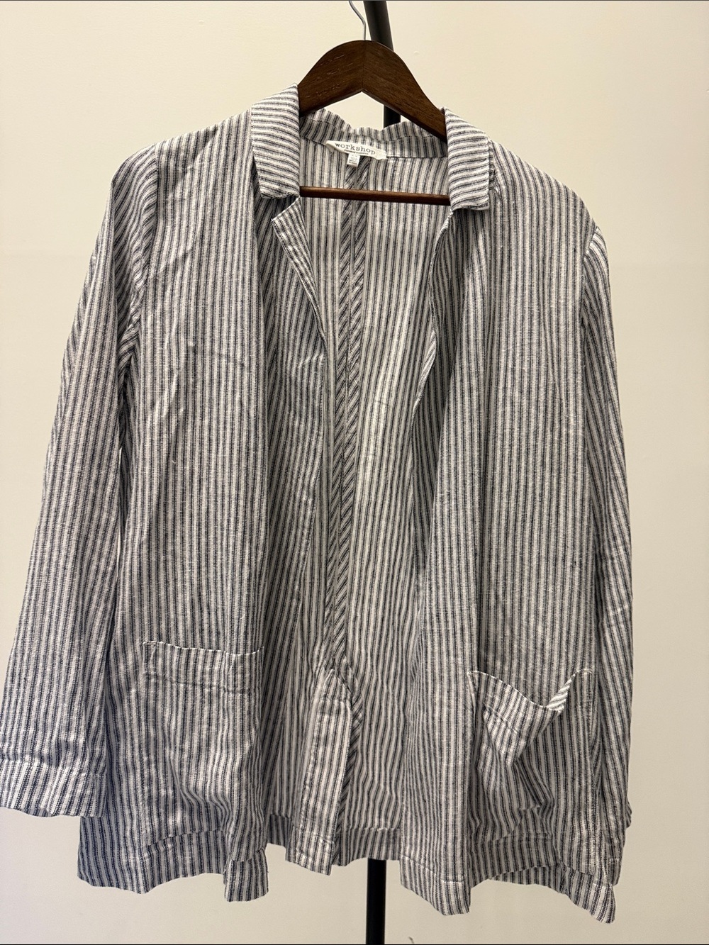 Workshop Republic Linen Blend Navy and White Striped Open-Front Blazer | Size M